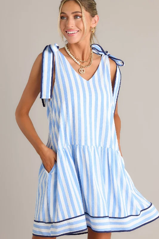 Mini dresses with fringe for a bohemian styleRipple Effect Blue Stripe Mini Dress