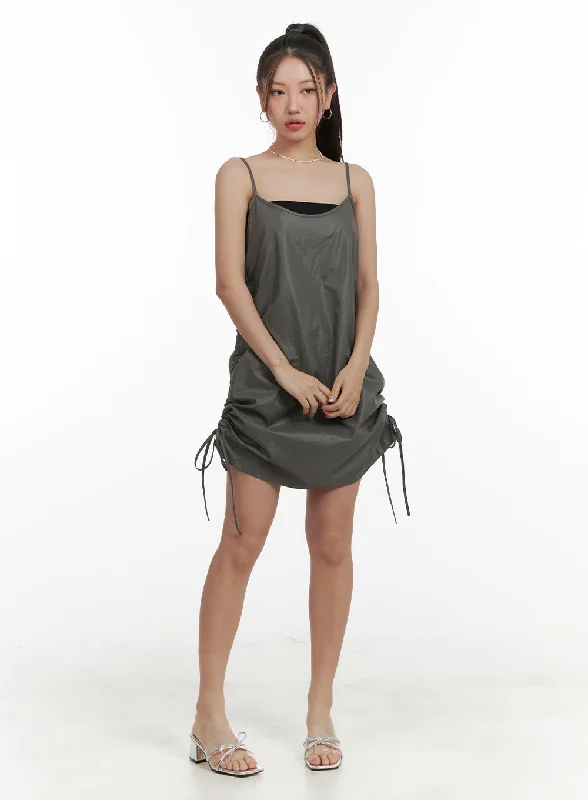 Mini dresses with ruched bodices for a feminine touchShirred Nylon Sleeveless Mini Dress OA415