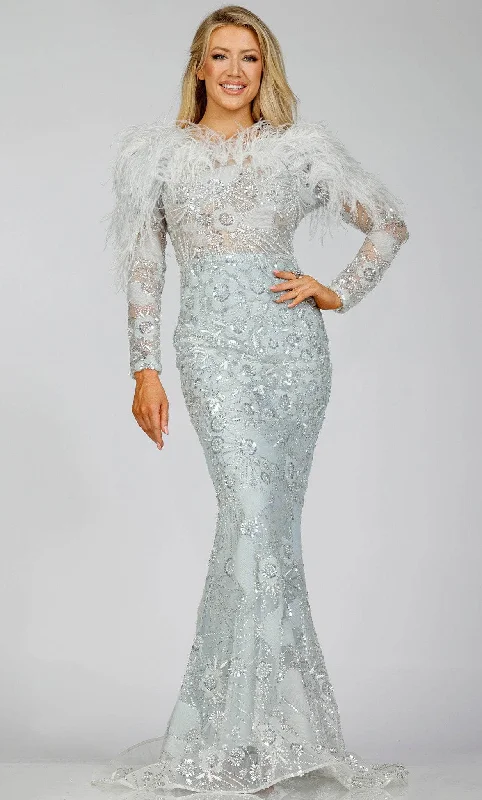Plaid wedding guest dresses in muted colors for a fall weddingTerani Couture 231M0491 - Fur Ornate Mermaid Evening Gown