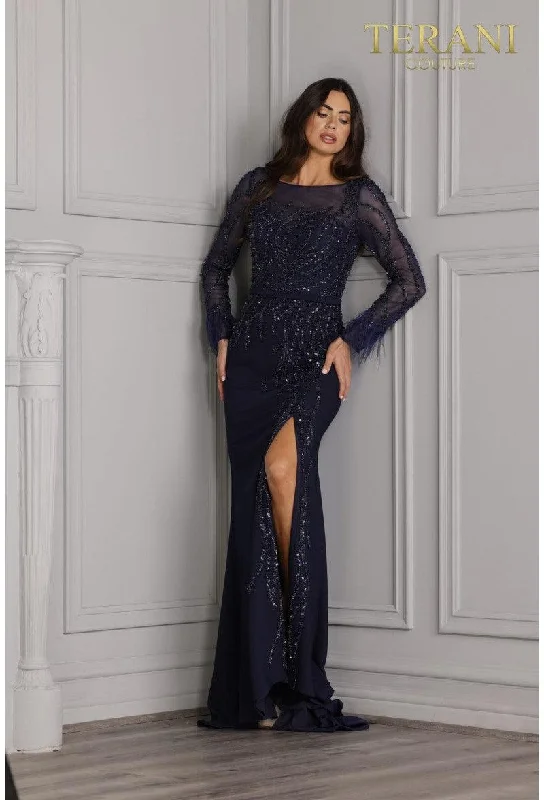 Tea - length wedding guest dresses with polka dot patternsTerani Couture 2111M5277 Long Sleeve Formal Dress