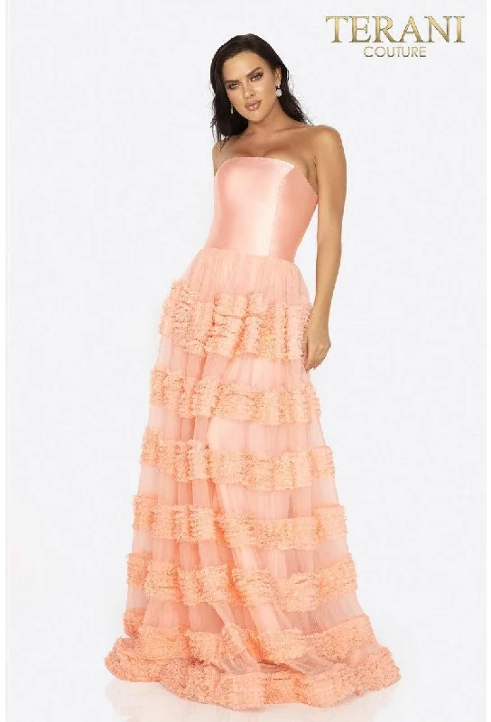 Satin wedding guest dresses with side slits for a sexy touchTerani Couture 2012P1402 Long Strapless Prom Dress