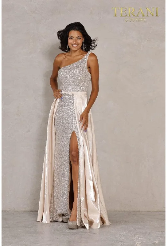 Wedding guest dresses with high - low hems and floral appliquesTerani Couture 2215P0025 One Shoulder Long Dress Wedding guest dresses with high - low hems and floral appliquesTerani Couture 2215P0025 One Shoulder Long Dress
