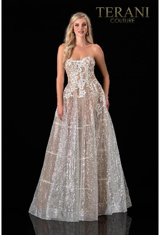 Wedding guest dresses with pom - pom trims for a playful lookTerani Couture 2111P4105 Prom Strapless Long Gown Wedding guest dresses with pom - pom trims for a playful lookTerani Couture 2111P4105 Prom Strapless Long Gown