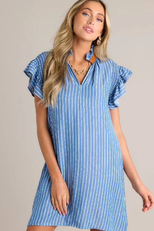 Mini dresses with criss - cross backs for a flirty lookThe Small Things Blue Stripe Flutter Sleeve Mini Dress Mini dresses with criss - cross backs for a flirty lookThe Small Things Blue Stripe Flutter Sleeve Mini Dress