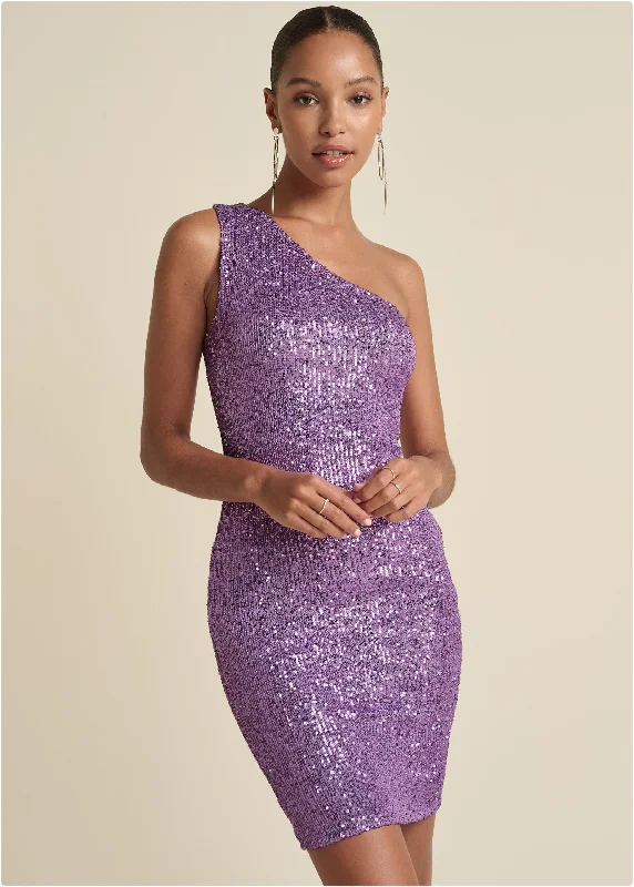 Mini dresses with one - shoulder designsOne-Shoulder Sequin Dress - Lavender