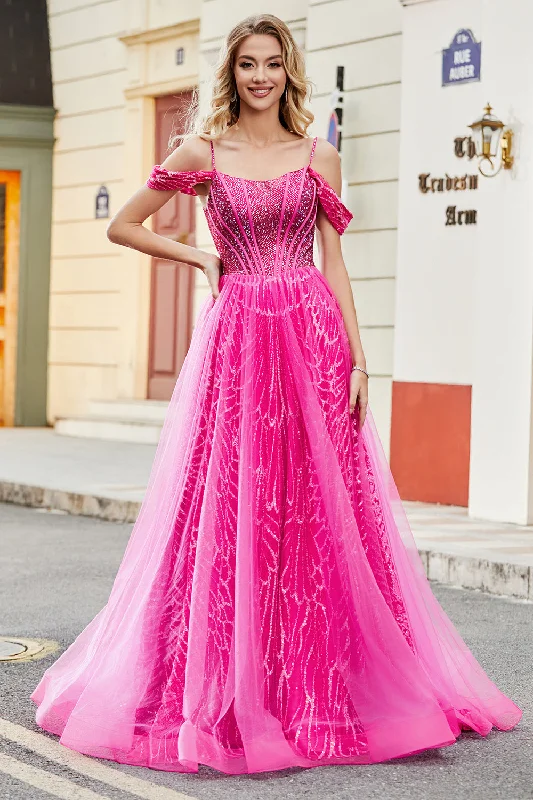 Printed cocktail dresses with geometric patterns for a contemporary aestheticA-Line Cold Shoudler Sparkly Hot Pink Corset Prom Dress with Beading Printed cocktail dresses with geometric patterns for a contemporary aestheticA-Line Cold Shoudler Sparkly Hot Pink Corset Prom Dress with Beading
