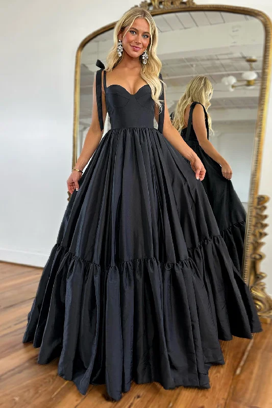 Empire Waist Women Dress to Accentuate the Bust and Conceal the WaistBlack A-Line Ruffle Bow Tie Straps Long Prom Dress Empire Waist Women Dress to Accentuate the Bust and Conceal the WaistBlack A-Line Ruffle Bow Tie Straps Long Prom Dress