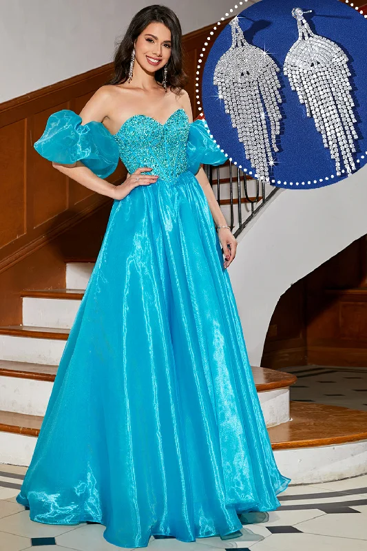 Sheer cocktail dresses with a lining and a short hemBlue A-Line Off The Shoulder Corset Beaded Prom Dress with Accessory