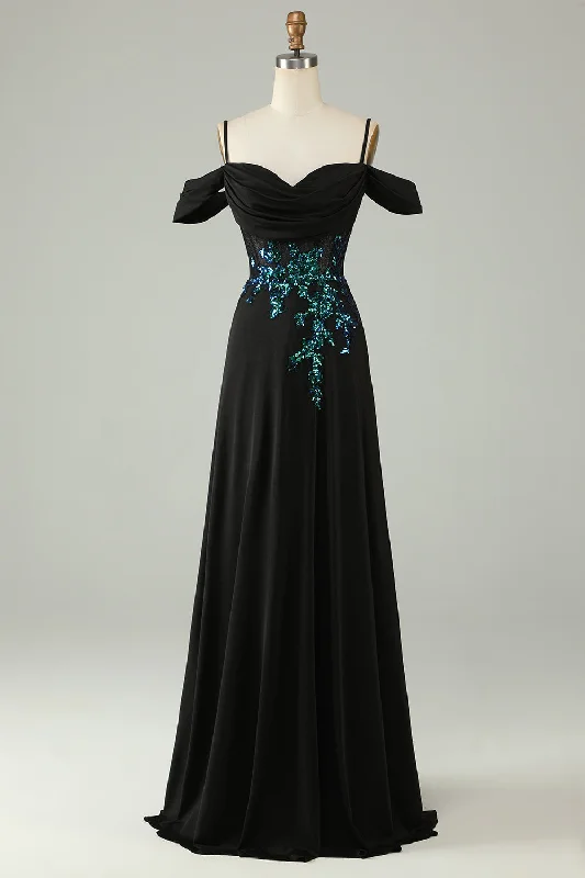 Cocktail dresses with off - the - shoulder designs and beaded accentsCold Shoulder Black Sequins Corset Long Prom Dress