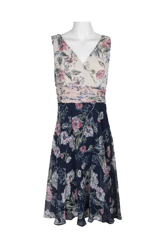 Strapless cocktail dresses with a sweetheart neckline and a full skirtConnected Apparel Floral Print Chiffon Short Dress