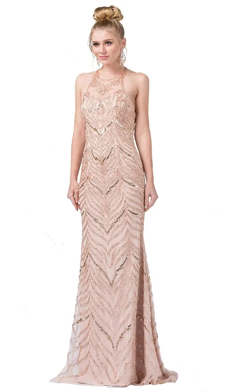 A - line formal dresses with beaded lace appliques for formal eventsDancing Queen - 2616 Embellished Halter Trumpet Dress