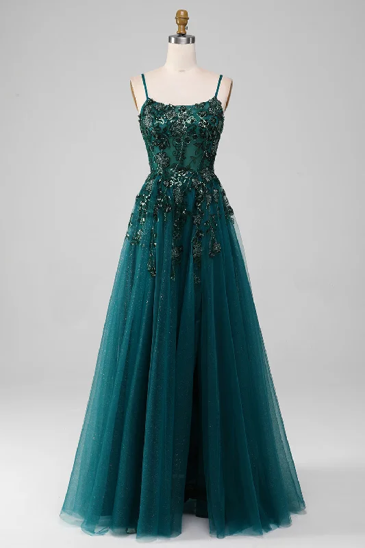 Mini cocktail dresses with a tiered ruffled skirt and a scoop neckDark Green Spaghetti Straps A Line Prom Dress with Slit Mini cocktail dresses with a tiered ruffled skirt and a scoop neckDark Green Spaghetti Straps A Line Prom Dress with Slit