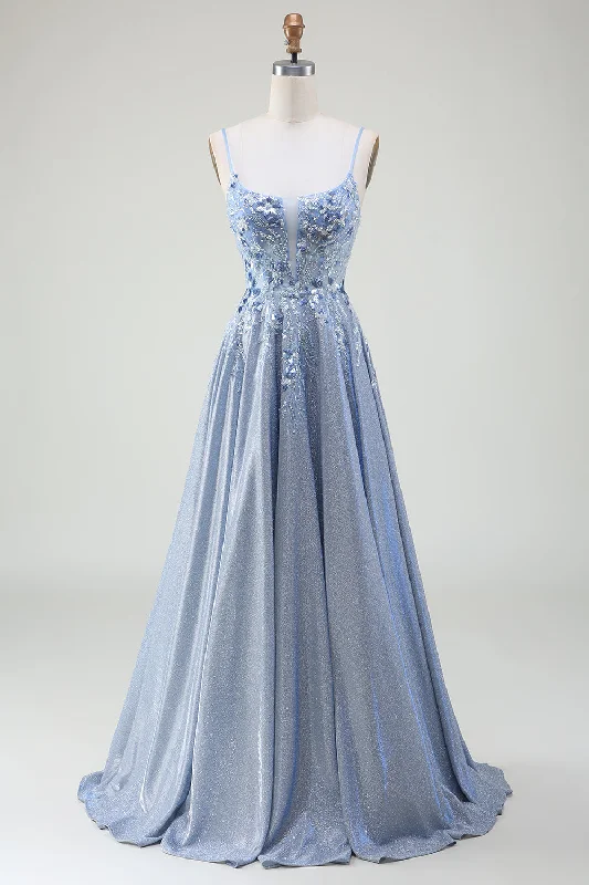 Ruffled cocktail dresses with a knee - length hem for a feminine appealGlitter A-Line Spaghetti Straps Grey Blue Prom Dress Ruffled cocktail dresses with a knee - length hem for a feminine appealGlitter A-Line Spaghetti Straps Grey Blue Prom Dress