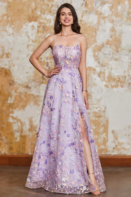 Satin cocktail dresses with a high - low hem for a modern touchGorgeous A Line Spaghetti Straps Light Purple Long Prom Dress with Appliques