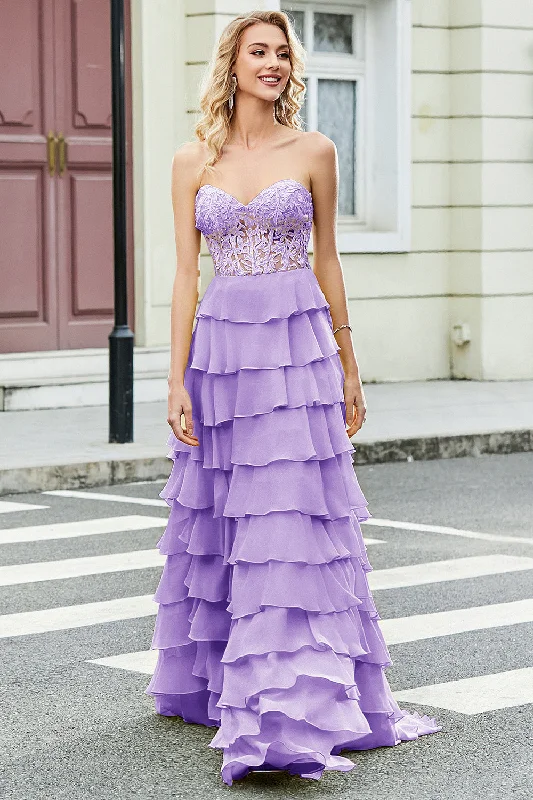 Cocktail dresses with a mesh panel and a high - neck designGorgeous A Line Sweetheart Corset Lilac Prom Dress with Appliques Ruffles Cocktail dresses with a mesh panel and a high - neck designGorgeous A Line Sweetheart Corset Lilac Prom Dress with Appliques Ruffles