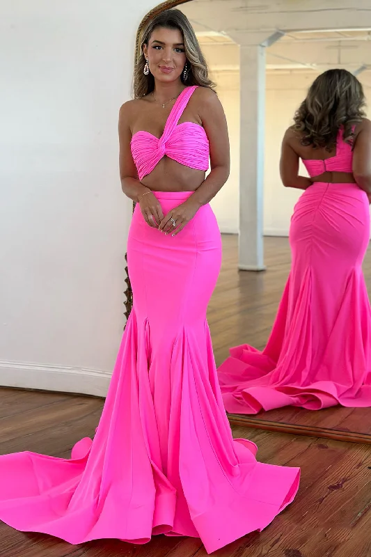 Ball Gown Women Dress with a Full Skirt for a Princess - like LookHot Pink Mermaid One Shoulder Two Piece Ruched Long Prom Dress Ball Gown Women Dress with a Full Skirt for a Princess - like LookHot Pink Mermaid One Shoulder Two Piece Ruched Long Prom Dress