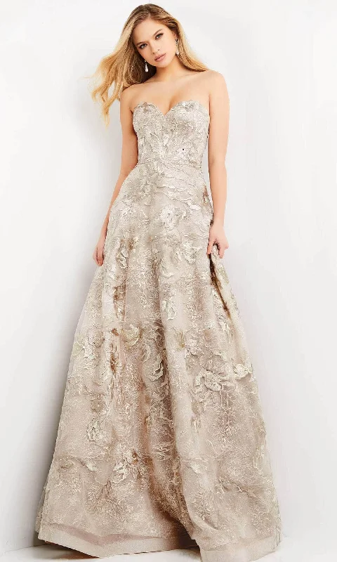 Formal dresses with ruffled skirts and bow accents for a charming prom appearanceJovani - 04441 Strapless Embroidered Floral Long Gown Formal dresses with ruffled skirts and bow accents for a charming prom appearanceJovani - 04441 Strapless Embroidered Floral Long Gown