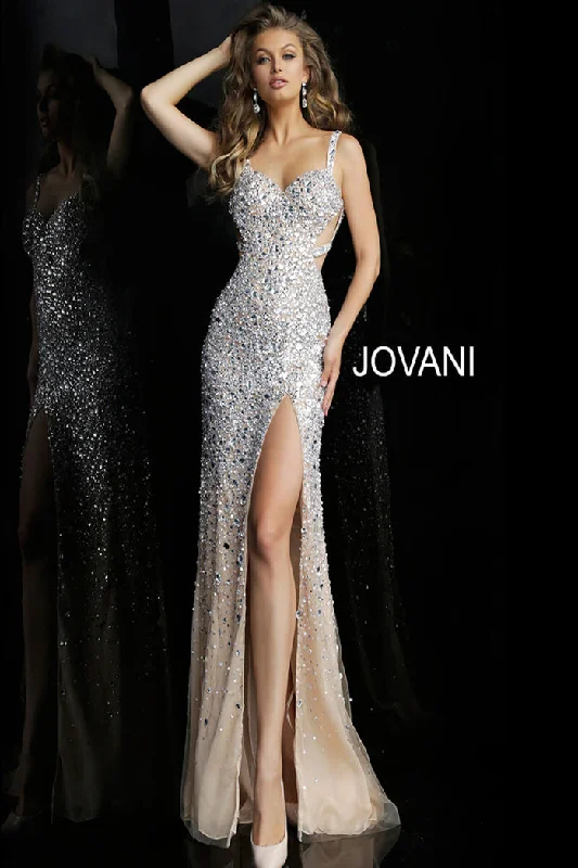 Prom dresses with tiered ruffled sleeves and satin skirts for a feminine and voluminous lookJovani 59846 Prom dresses with tiered ruffled sleeves and satin skirts for a feminine and voluminous lookJovani 59846