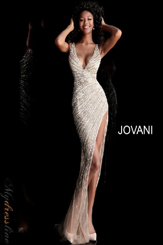 A - line formal dresses with beaded lace appliques for formal eventsJovani 63405