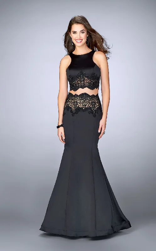 Formal dresses with cold - shoulder ruffled sleeves and floral prints for a romantic and trendy formal styleLa Femme 24083 Dress Formal dresses with cold - shoulder ruffled sleeves and floral prints for a romantic and trendy formal styleLa Femme 24083 Dress