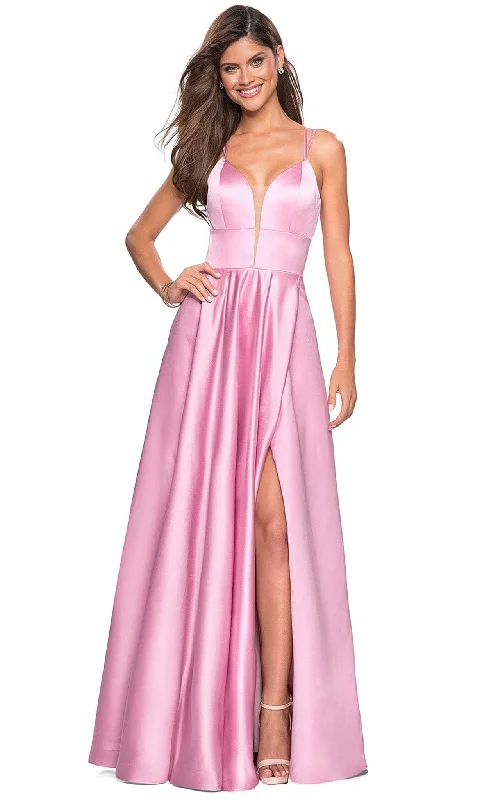 Prom dresses with one - shoulder ruffled straps and geometric patterns for a contemporary and eye - catching formal eventLa Femme - 26994 Sexy Strappy Back Satin A-Line Evening Gown Prom dresses with one - shoulder ruffled straps and geometric patterns for a contemporary and eye - catching formal eventLa Femme - 26994 Sexy Strappy Back Satin A-Line Evening Gown