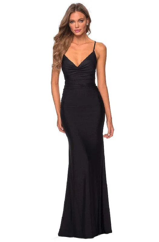 Prom dresses with one - shoulder ruffled straps and geometric patterns for a contemporary and eye - catching formal eventLa Femme - 28984 Strappy V-Neck Sheath Dress Prom dresses with one - shoulder ruffled straps and geometric patterns for a contemporary and eye - catching formal eventLa Femme - 28984 Strappy V-Neck Sheath Dress