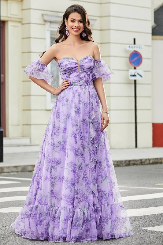 Satin - lined cocktail dresses with a lace outer layerLavender Printed A line Prom Dress with Removable Sleeves Satin - lined cocktail dresses with a lace outer layerLavender Printed A line Prom Dress with Removable Sleeves