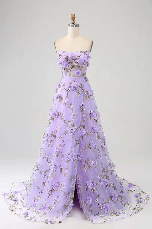 Geometric - printed cocktail dresses with a long - sleeve optionLilac A-Line Spaghetti Straps Long Prom Dress with 3D Flowers Geometric - printed cocktail dresses with a long - sleeve optionLilac A-Line Spaghetti Straps Long Prom Dress with 3D Flowers