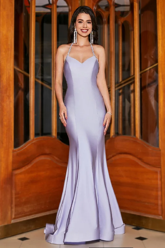 Bow - backed cocktail dresses with a fit - and - flare silhouetteLilac Mermaid Halter Neck Backless Long Prom Dress Bow - backed cocktail dresses with a fit - and - flare silhouetteLilac Mermaid Halter Neck Backless Long Prom Dress
