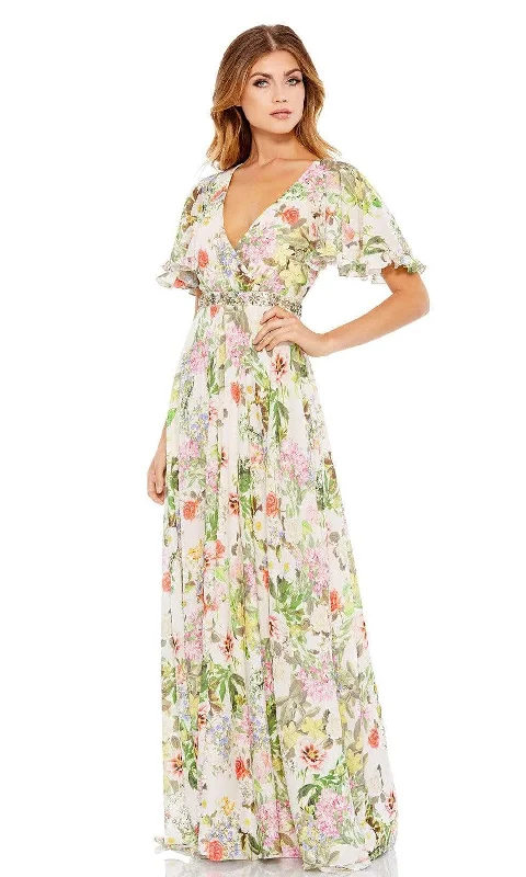 Prom dresses with tiered ruffled sleeves and satin skirts for a feminine and voluminous lookMac Duggal - 9079 Multi Color Floral Printed Dress Prom dresses with tiered ruffled sleeves and satin skirts for a feminine and voluminous lookMac Duggal - 9079 Multi Color Floral Printed Dress