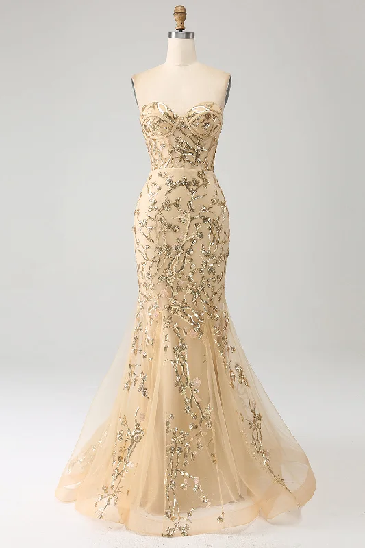 Mini cocktail dresses with a cold - shoulder ruffled sleeveMermaid Champagne Sparkly Corset Prom Dress
