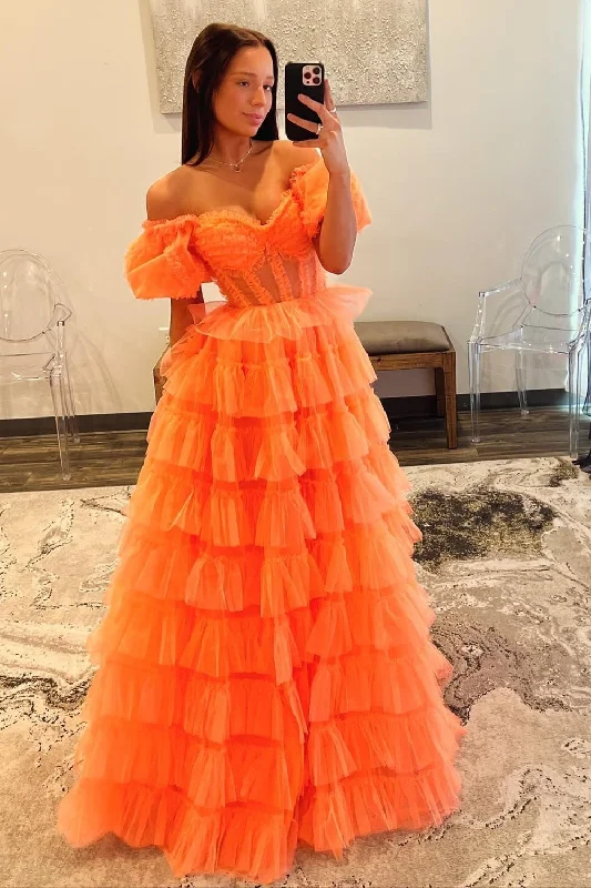 Mermaid - Style Women Dress with a Fitted Silhouette for Special OccasionsOrange A-Line Off the Shoulder Corset Ruffle Tiered Tulle Long Prom Dress with Slit Mermaid - Style Women Dress with a Fitted Silhouette for Special OccasionsOrange A-Line Off the Shoulder Corset Ruffle Tiered Tulle Long Prom Dress with Slit