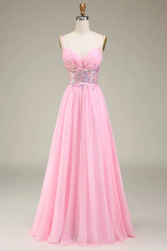 Mini cocktail dresses with a beaded bodice and a flirty A - line skirtPink Corset Spaghetti Straps A-line Prom Dress with Pleated