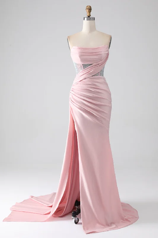 A - line cocktail dresses with floral embroidery for spring partiesPink Mermaid Strapless Beaded Pleated Long Prom Dress With High Slit A - line cocktail dresses with floral embroidery for spring partiesPink Mermaid Strapless Beaded Pleated Long Prom Dress With High Slit