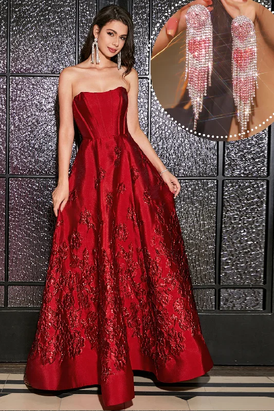 Cocktail dresses with a tiered skirt and a bow at the waistPrincess A-Line Strapless Dark Red Corset Long Prom Dress with Accessory