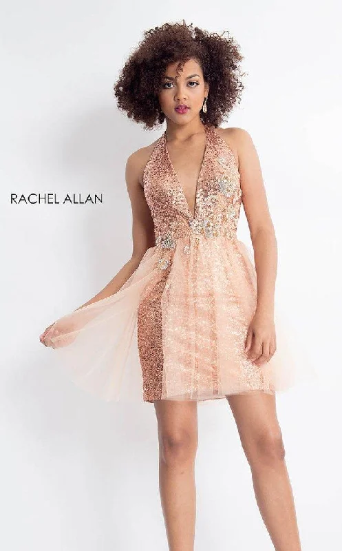Sleeveless cocktail dresses in a silk - blend fabric for a luxurious feelRachel Allan Short Halter Homecoming Dress 4602 Sleeveless cocktail dresses in a silk - blend fabric for a luxurious feelRachel Allan Short Halter Homecoming Dress 4602