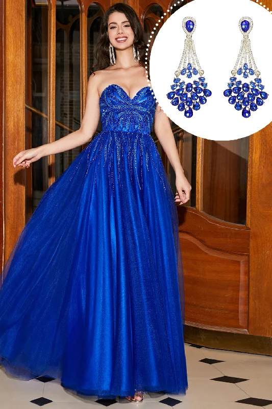 Cocktail dresses with a cut - out detail and a body - con fitRoyal Blue A-Line Sweetheart Long Beaded Prom Dress with Accessory