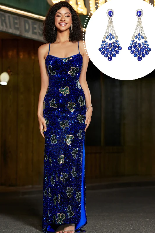 Bow - backed cocktail dresses with a fit - and - flare silhouetteRoyal Blue Mermaid Spaghetti Straps Sequins Long Prom Dress with Accessory