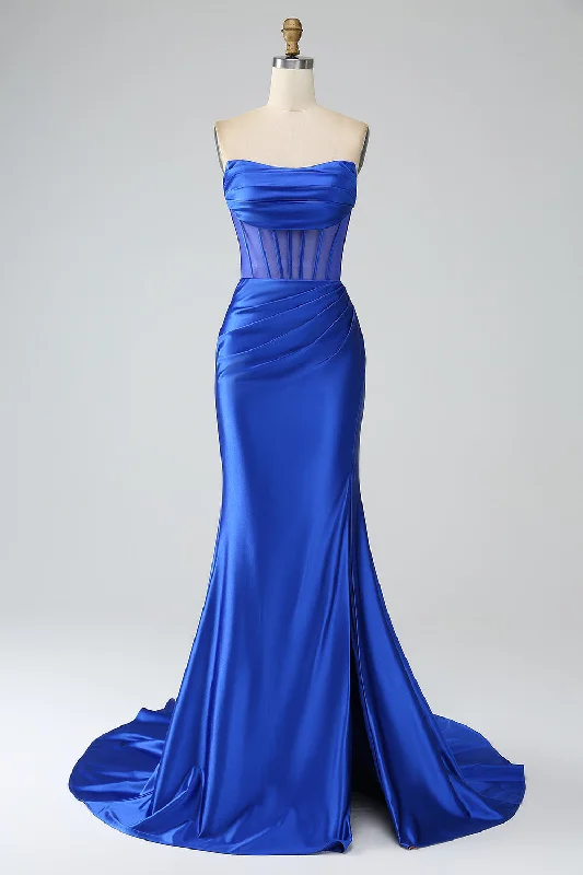 A - line cocktail dresses with floral embroidery for spring partiesRoyal Blue Mermaid Strapless Pleated Corset Long Prom Dress with Slit