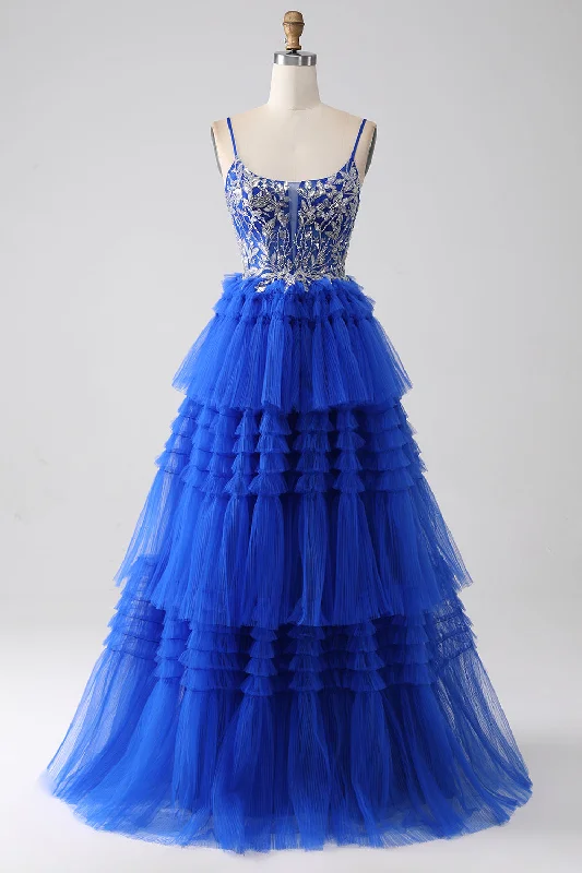 Geometric - printed cocktail dresses with a long - sleeve optionRoyal Blue Tiered Prom Dress with Sequins Geometric - printed cocktail dresses with a long - sleeve optionRoyal Blue Tiered Prom Dress with Sequins