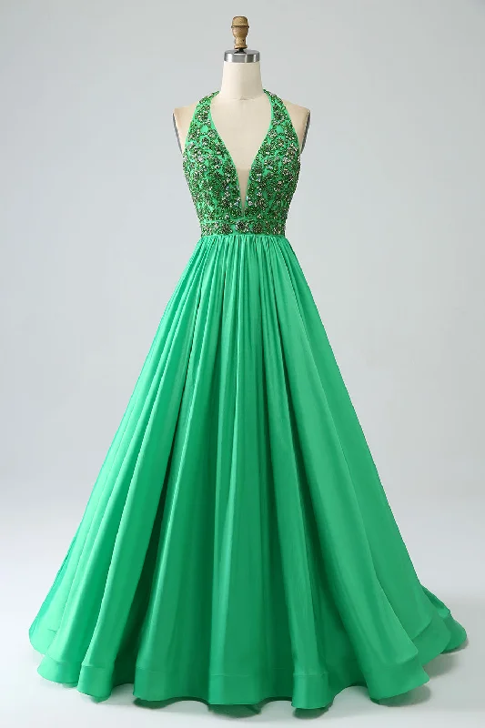 Mini cocktail dresses with a glittery finish for a party - ready styleSatin Green Halter Prom Dress with Beading Mini cocktail dresses with a glittery finish for a party - ready styleSatin Green Halter Prom Dress with Beading