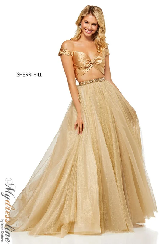 Prom dresses with cold - shoulder cutouts and satin bows for a trendy lookSherri Hill 52406 Prom dresses with cold - shoulder cutouts and satin bows for a trendy lookSherri Hill 52406