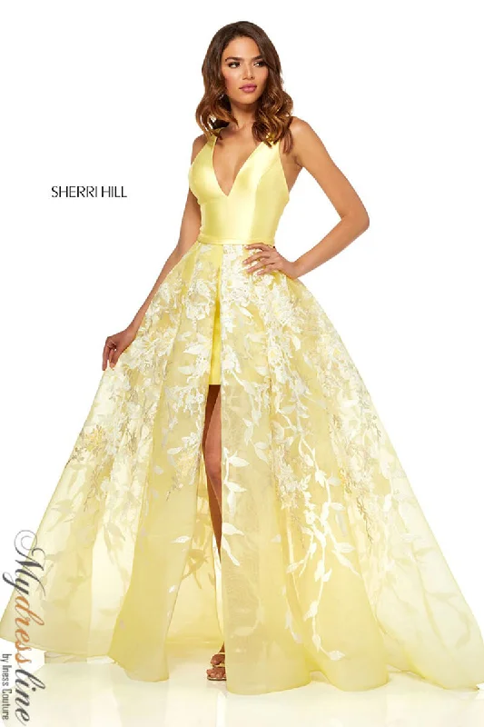 Formal dresses with one - shoulder ruffled straps and sequined bodices for a trendy and eye - catching lookSherri Hill 52458 Formal dresses with one - shoulder ruffled straps and sequined bodices for a trendy and eye - catching lookSherri Hill 52458