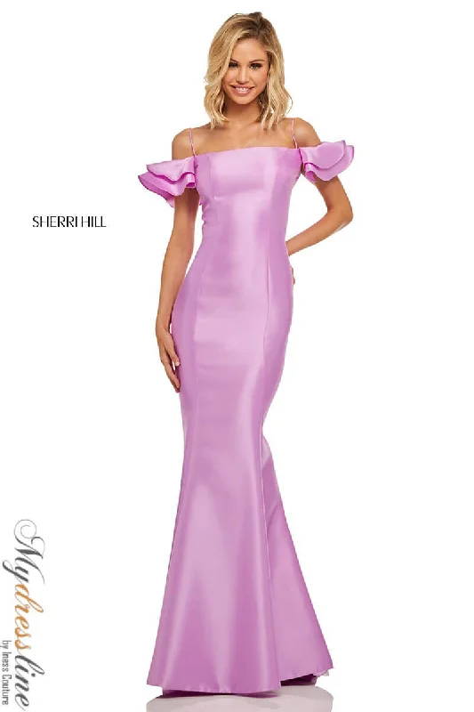 Prom dresses with cold - shoulder cutouts and satin bows for a trendy lookSherri Hill 52467 Prom dresses with cold - shoulder cutouts and satin bows for a trendy lookSherri Hill 52467