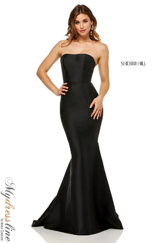 Formal dresses with one - shoulder ruffled straps and sequined bodices for a trendy and eye - catching lookSherri Hill 52485 Formal dresses with one - shoulder ruffled straps and sequined bodices for a trendy and eye - catching lookSherri Hill 52485