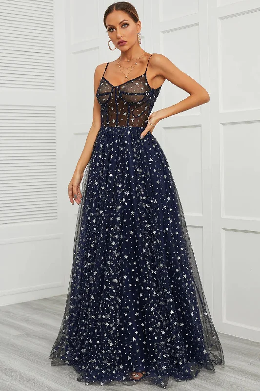 A - line cocktail dresses with floral embroidery for spring partiesSpaghetti Straps Navy Long Prom Dress with Star A - line cocktail dresses with floral embroidery for spring partiesSpaghetti Straps Navy Long Prom Dress with Star