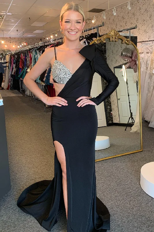 Lace - Embellished Women Dress for an Elegant and Sophisticated AppearanceSparkly Black Mermaid Asymmetrical Satin Bow Long Prom Dress with Slit Lace - Embellished Women Dress for an Elegant and Sophisticated AppearanceSparkly Black Mermaid Asymmetrical Satin Bow Long Prom Dress with Slit