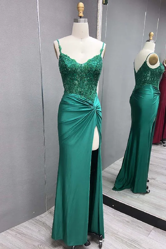 Pleated Women Dress with a Timeless and Elegant TextureSparkly Green Mermaid Spaghetti Straps Corset Appliques Long Prom Dress with Slit