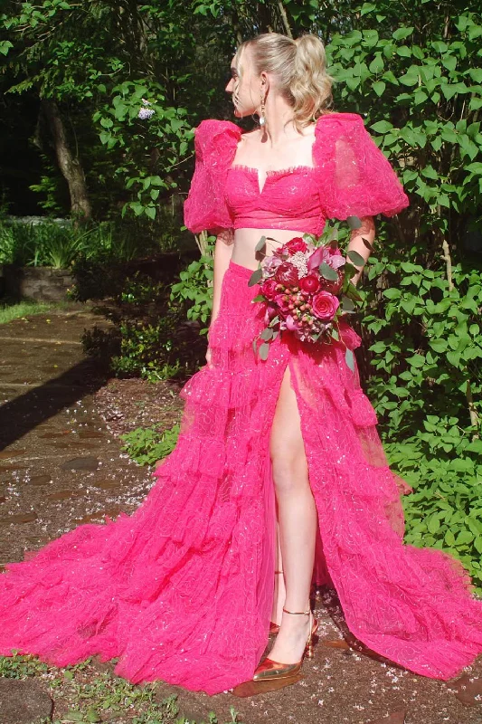 Sleeveless Women Dress in Bright Colors for Summer PartiesSparkly Fuchsia A-Line 2 Pieces Puff Sleeves Ruffles Tulle Long Prom Dress with Slit Sleeveless Women Dress in Bright Colors for Summer PartiesSparkly Fuchsia A-Line 2 Pieces Puff Sleeves Ruffles Tulle Long Prom Dress with Slit