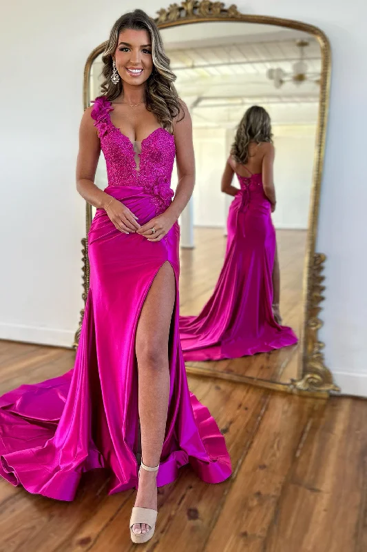 Maxi Women Dress with Floral Print for a Bohemian VibeSparkly Fuchsia Mermaid One Shoulder Flower Satin Long Prom Dress with Slit Maxi Women Dress with Floral Print for a Bohemian VibeSparkly Fuchsia Mermaid One Shoulder Flower Satin Long Prom Dress with Slit